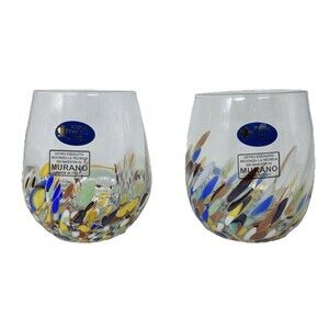 Murano White Crystal Confetti Stemless Wine Glasses Hand Blown Italy New Set / 2
